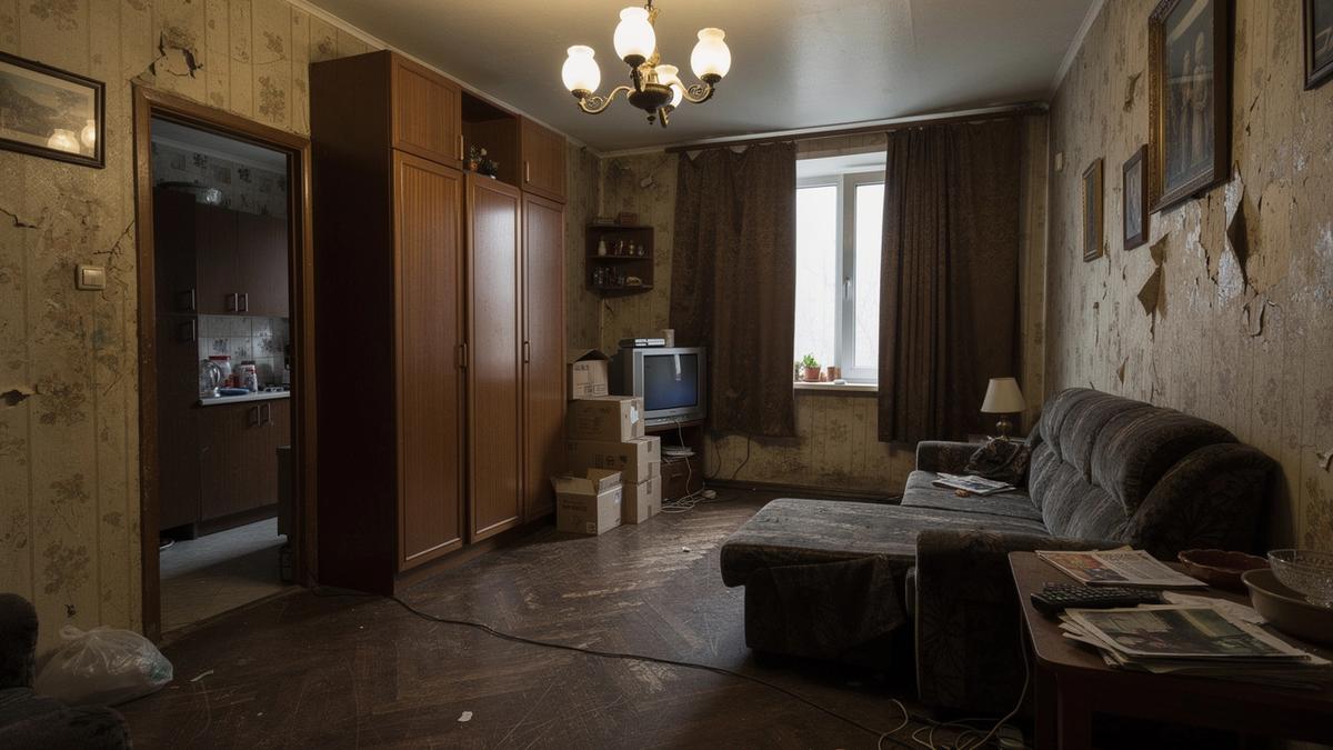 Same room before renovation, dark finishes and closed kitchen