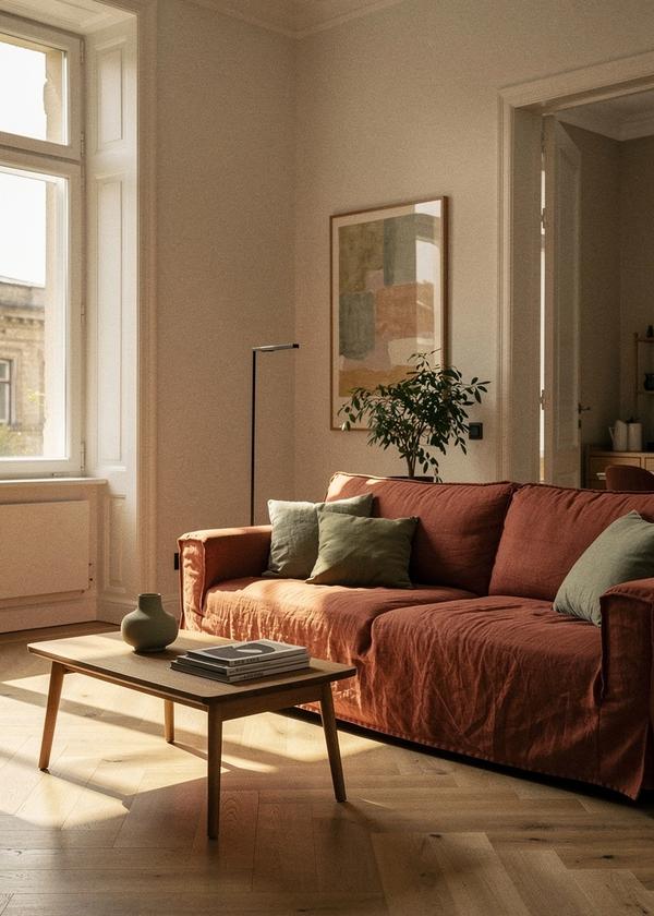 Renovated Kyiv apartment living area with warm natural light