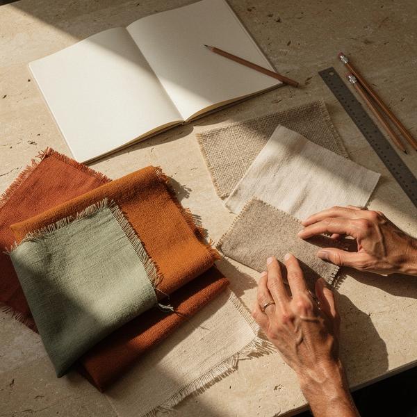 Interior design material samples and a project ledger on a warm stone table