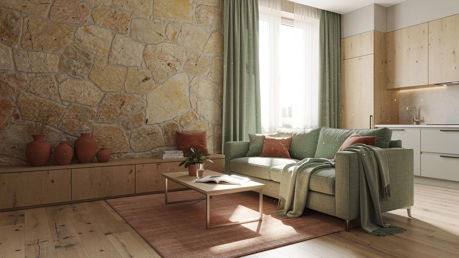 Bright Kyiv apartment renovation with warm stone walls and built-in storage