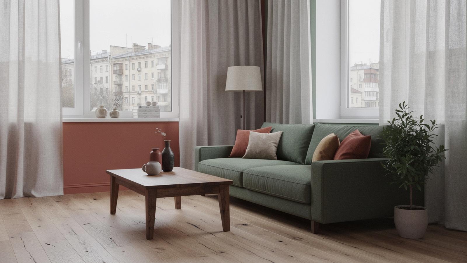 Bright renovated living room with large windows in a Kyiv apartment