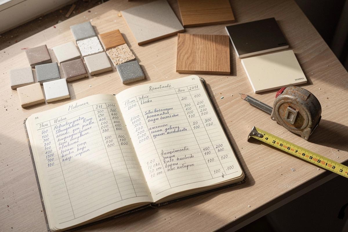 Open renovation ledger and material samples on a wooden table