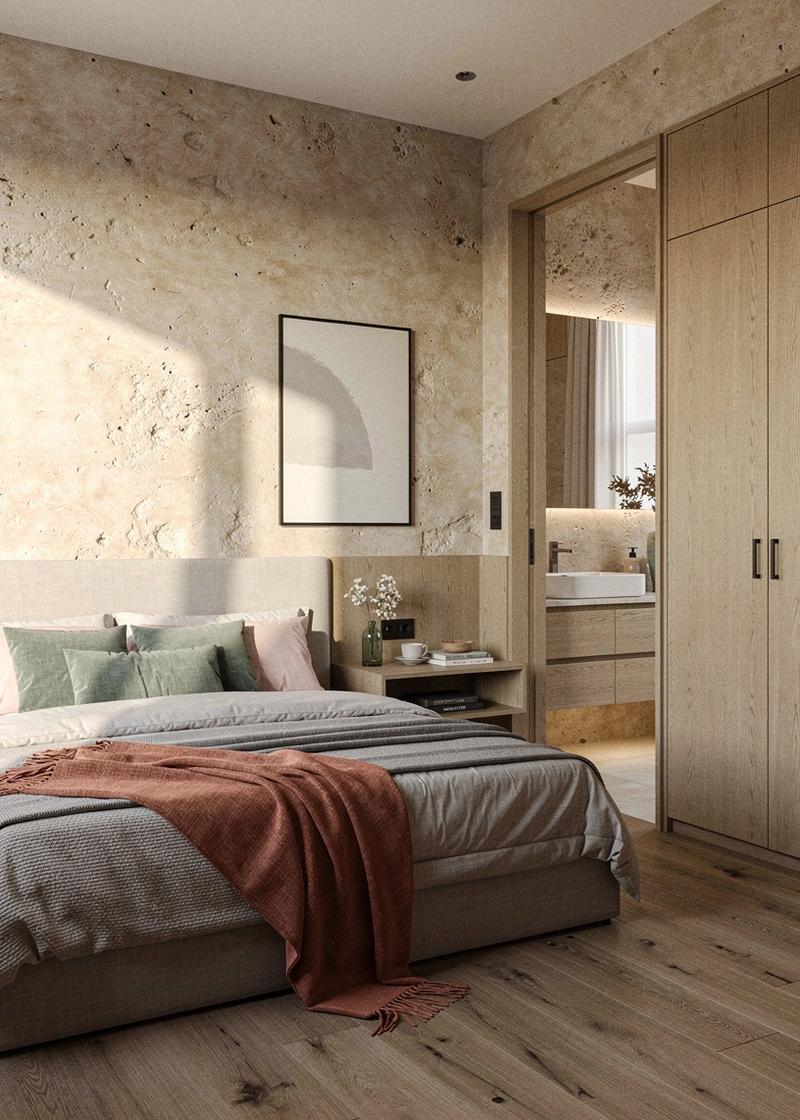 Bedroom and bathroom renovation in Irpin with warm stone plaster and brushed oak finishes